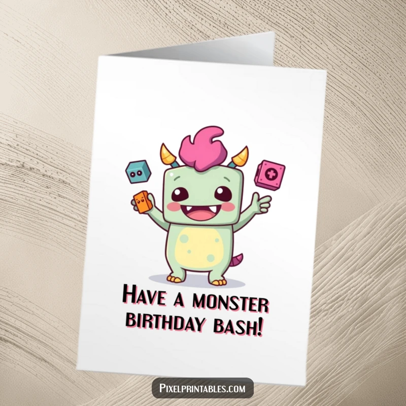 Funny Free Printable Birthday Card: A giggling blocky monster juggling pixelated items, celebrating a birthday quest.