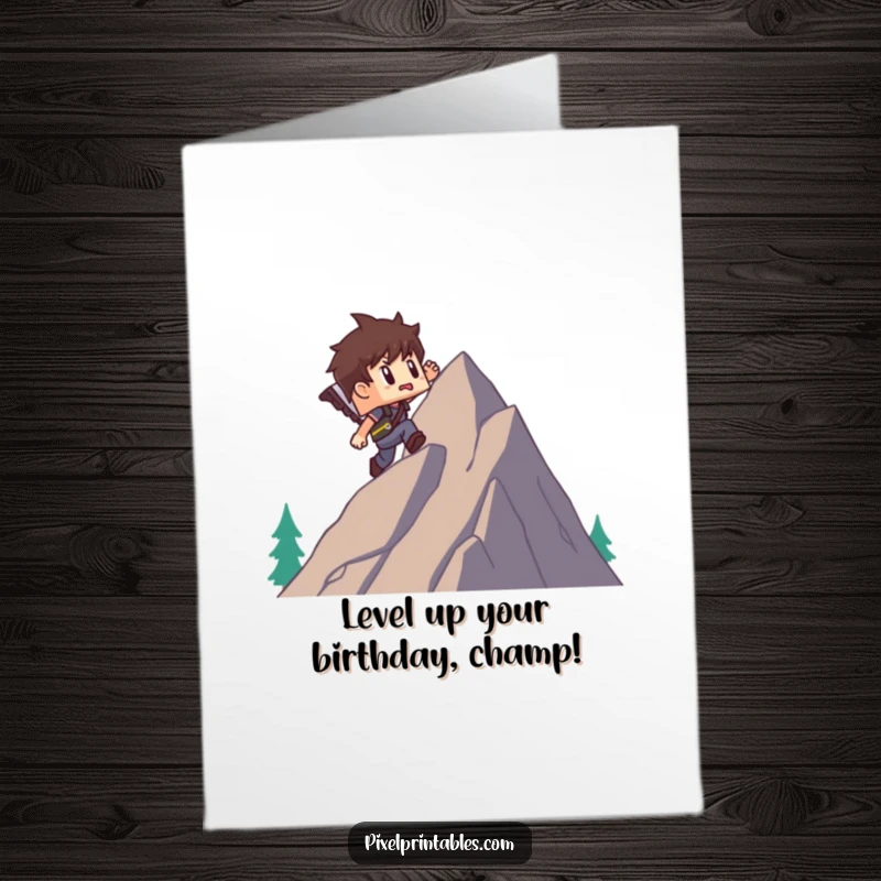 Funny Free Printable Birthday Card: Blocky adventurer heroically climbs a pixel mountain, ready for a birthday quest gift.
