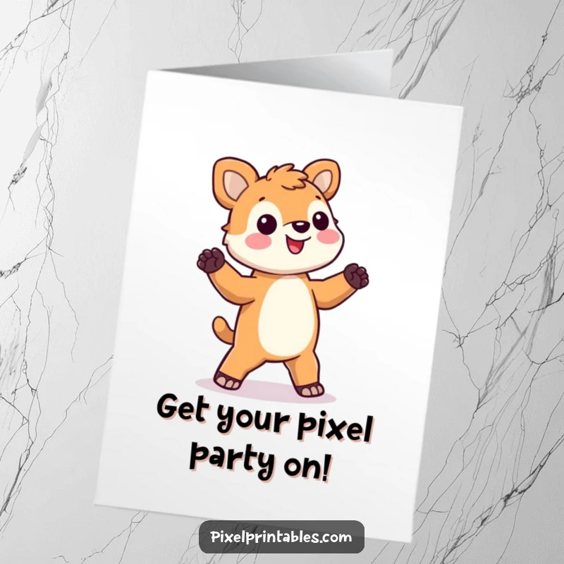 Funny Free Printable birthday card: A pixelated animal with blocky limbs grooving to a silly dance beat.