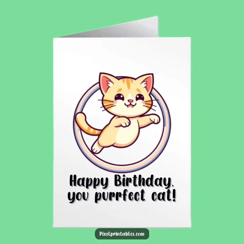 Free Printable Birthday Card: Pixel Cat Hoop Jump - Fun Downloadable Gift