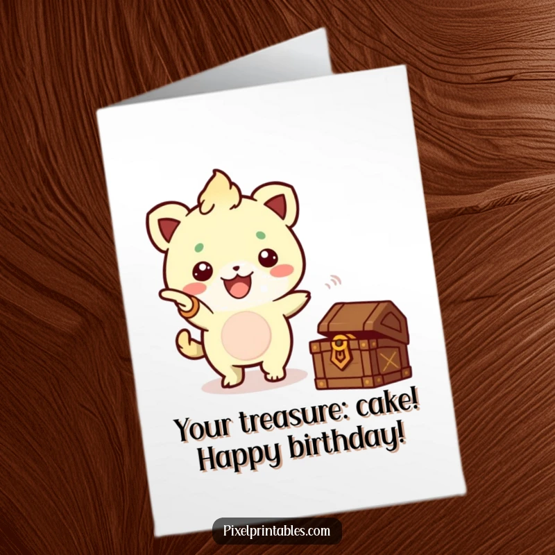 Funny Free Printable Birthday Card: A cute pixel creature excitedly points towards a treasure chest, hinting at birthday surprises.