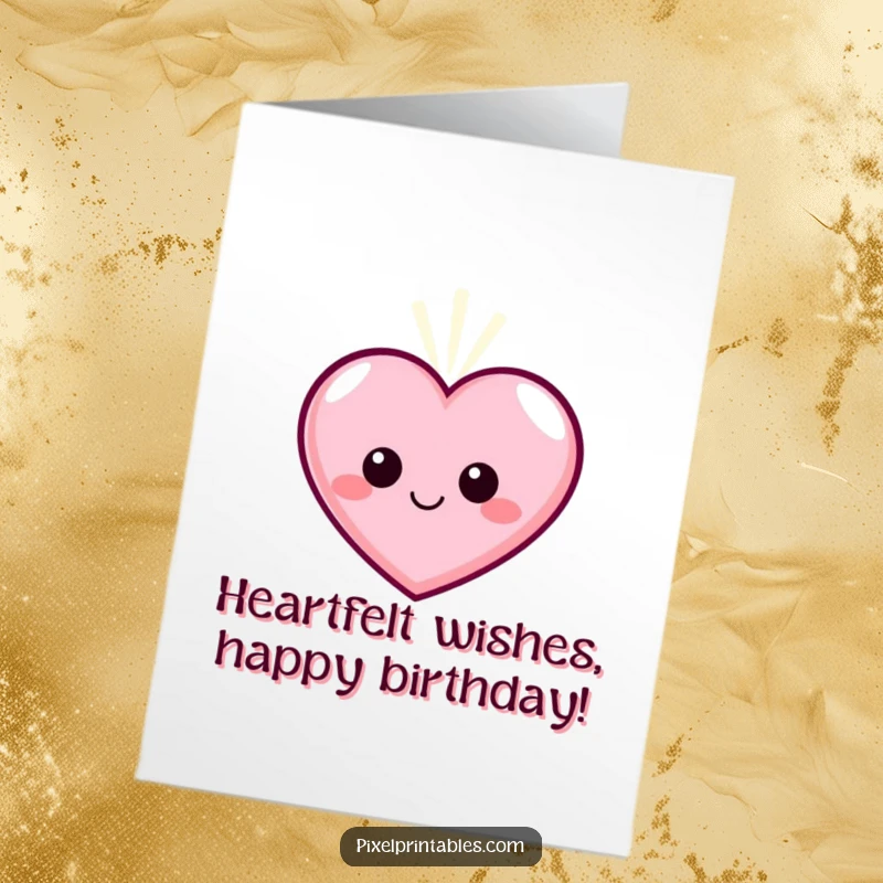 Funny Free Printable Birthday Card: A smiling pixelated heart character pulses with gentle, warm light, sending loving birthday vibes.