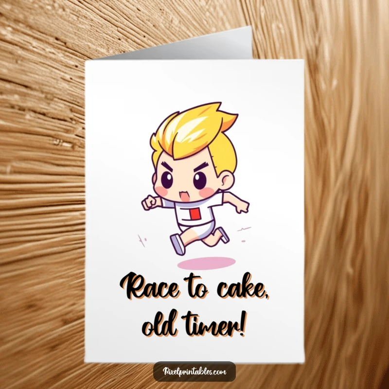 Funny Free Printable Birthday Card: A determined pixel character with bold outlines sprints towards the finish line in a pixel race.