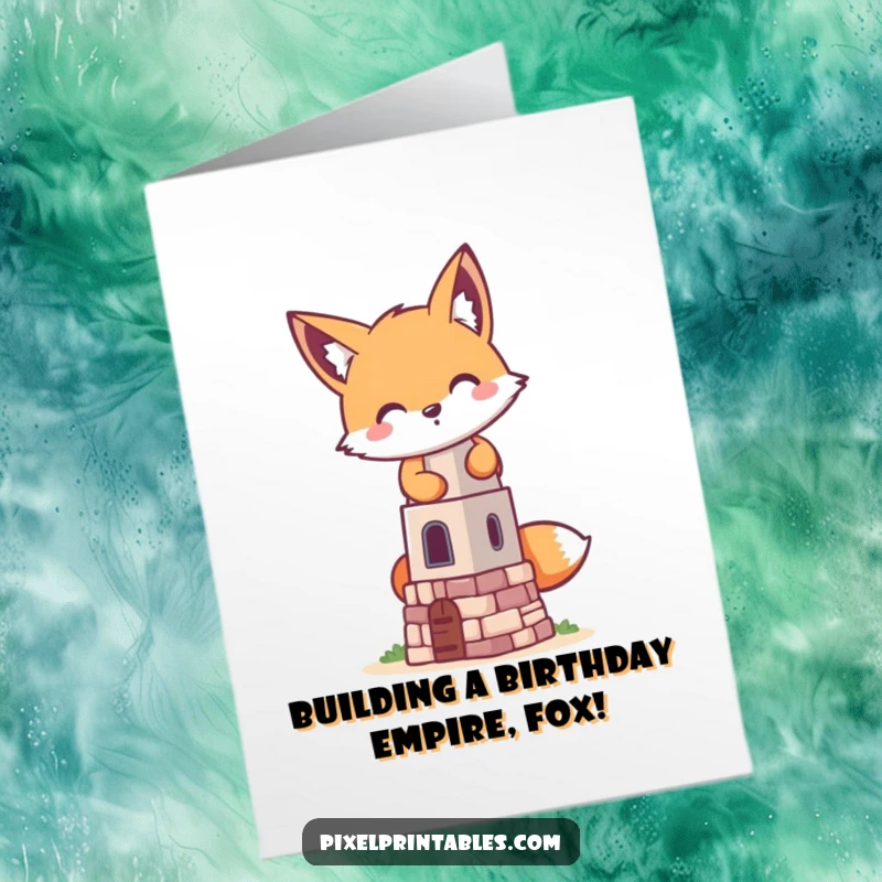 Funny Free Printable Birthday Card: A mischievous pixel fox intently builds a small pixelated tower, retro game art.