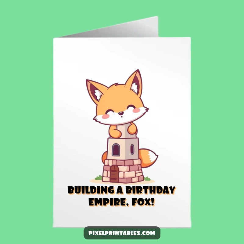 Funny Free Printable Birthday Card: Mischievous Pixel Fox Tower - Downloadable Gift