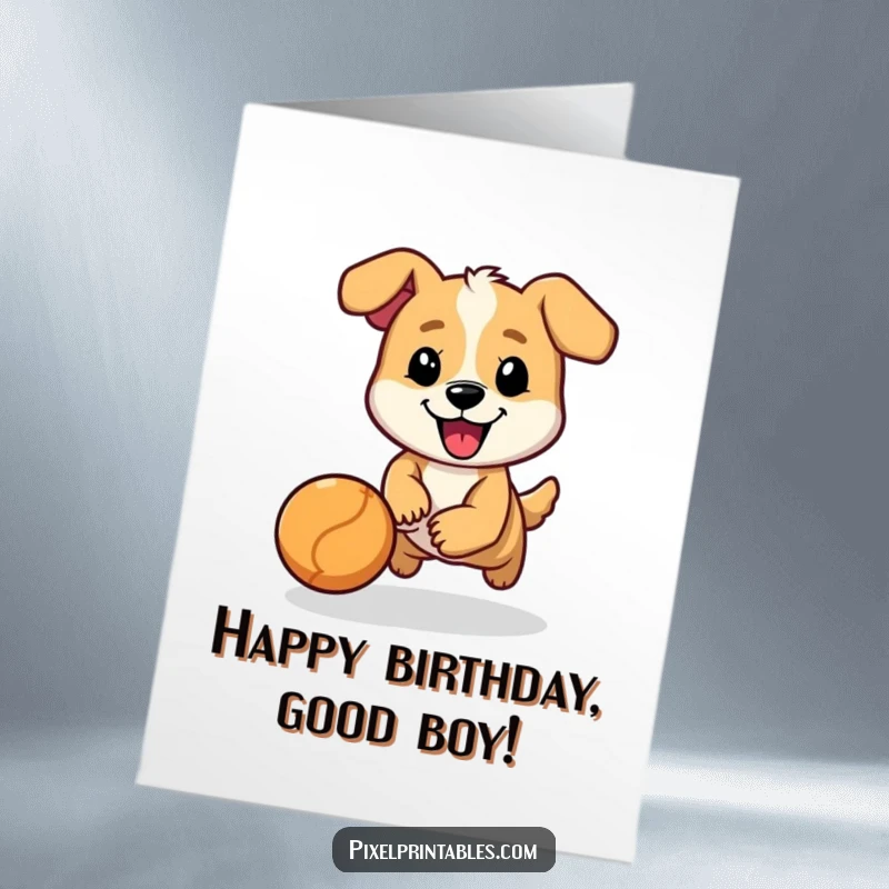 Funny Free Printable Birthday Card: Cheerful pixelated dog character joyfully chasing a bouncing ball, celebrating a birthday with enthusiasm.