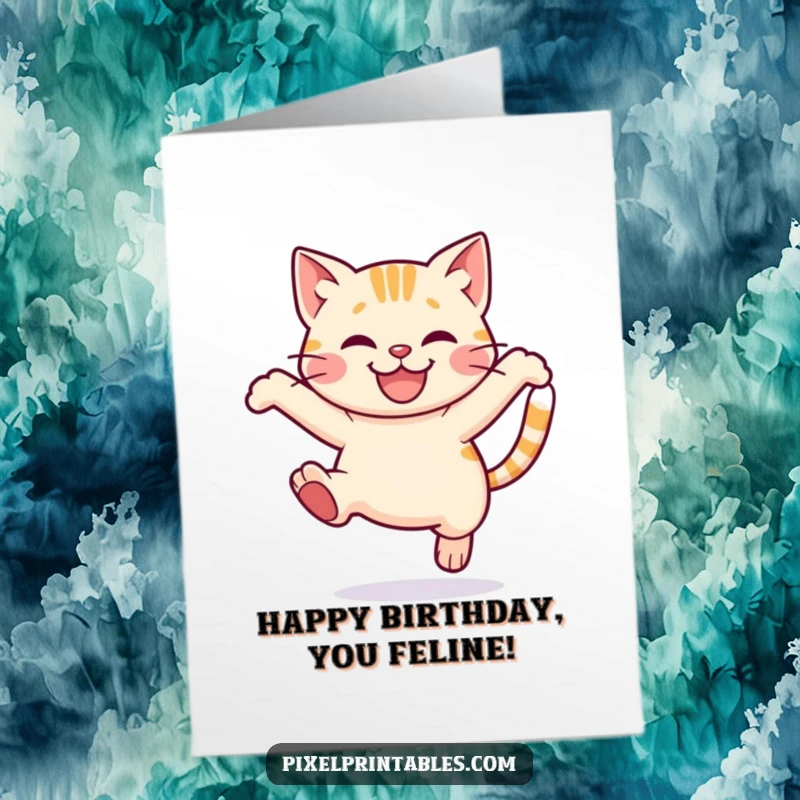 Funny Free Printable Birthday Card: A smiling pixelated cat performs a joyful leap, celebrating a birthday.