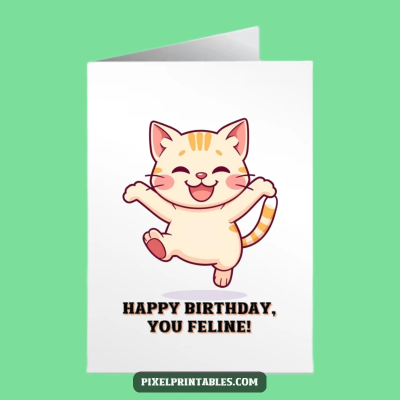 Free Printable Birthday Card: Pixel Cat Leap Funny Downloadable Gift