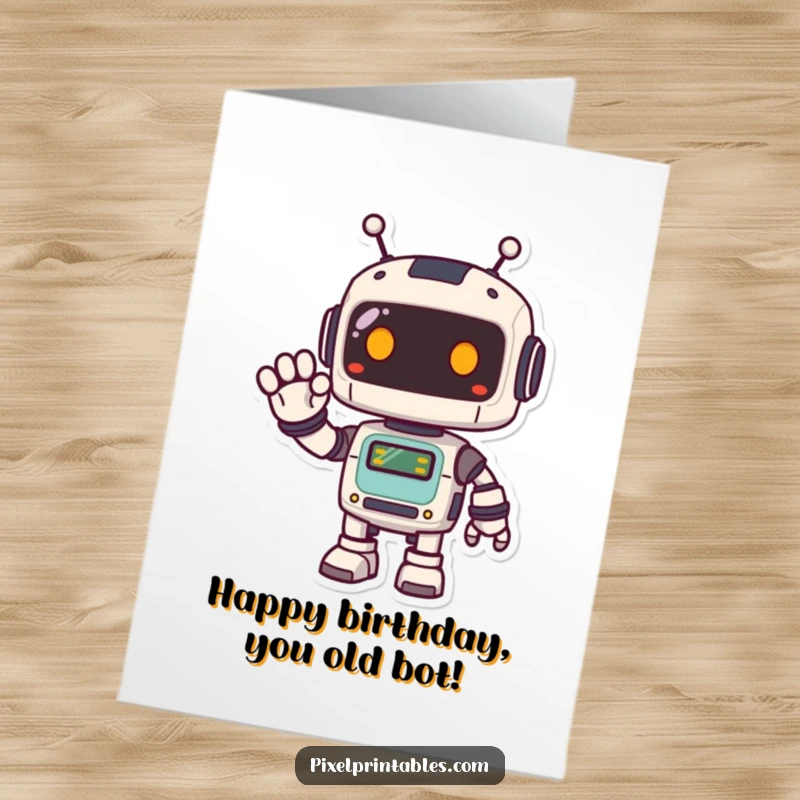 Funny Free Printable Birthday Card: A cute pixelated robot waves with robotic glee, spreading birthday wishes.