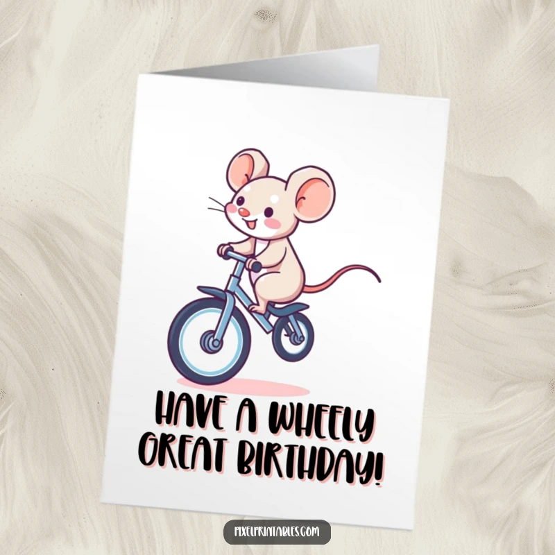Funny Free Printable Birthday Card: A giggling pixelated mouse riding a pixelated unicycle, celebrating with downloadable cheer.