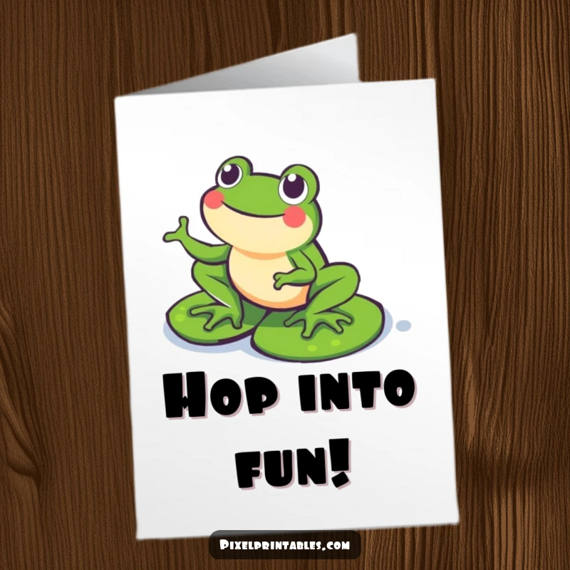 Funny Free Printable Birthday Card: A happy pixelated frog joyfully hops across pixel lily pads, celebrating a birthday.