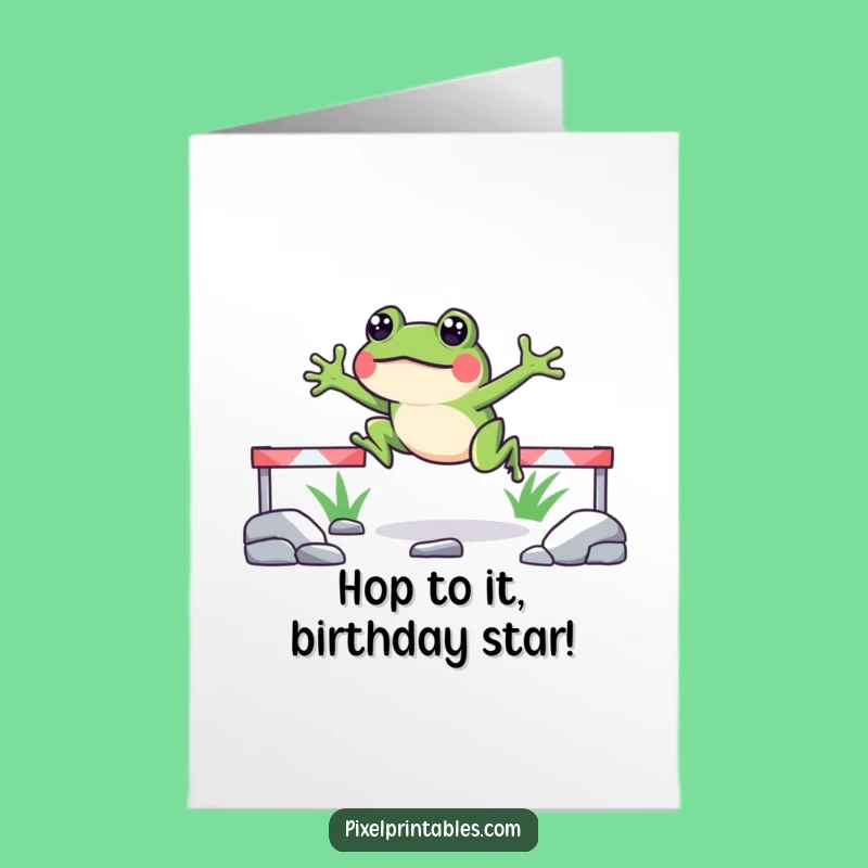 Free Printable Funny Frog Birthday Card: Jumping Obstacles Downloadable Gift