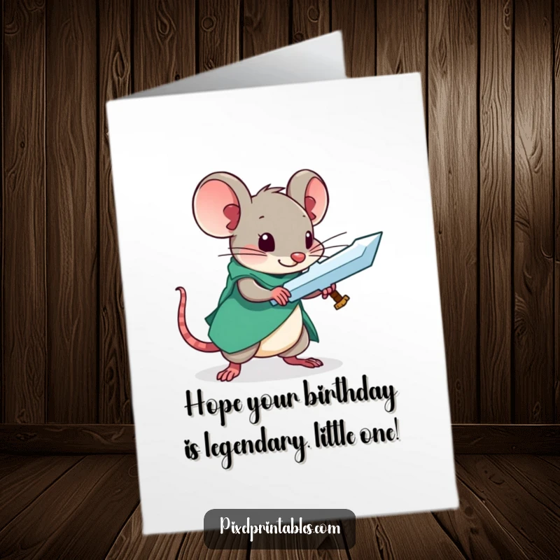 Funny Free Printable Birthday Card: Curious pixelated mouse heroically crafting a retro game sword, ready for adventure and cake.