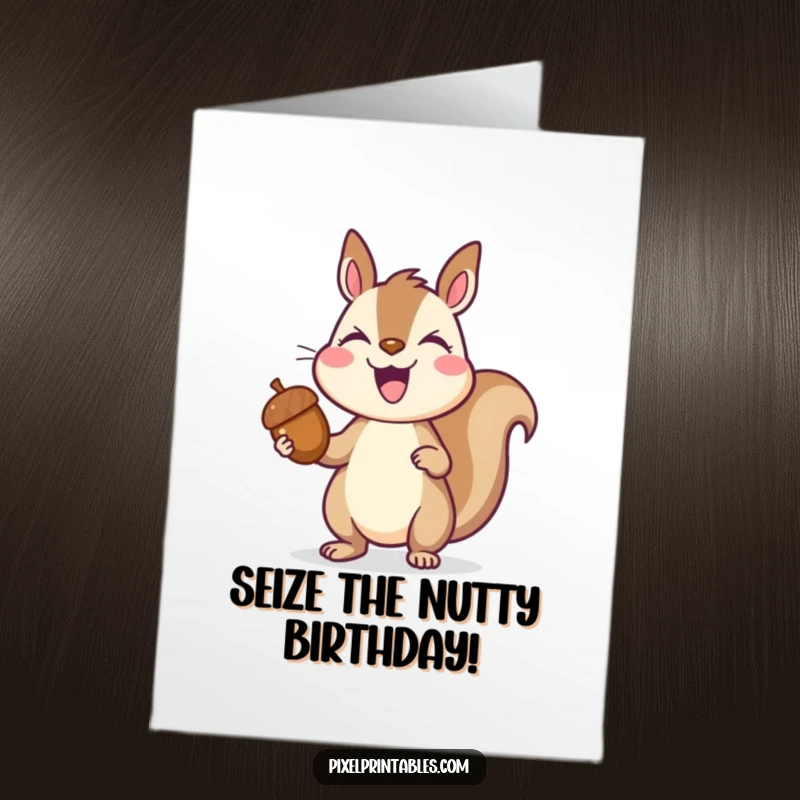 Funny Free Printable Birthday Card: A joyful pixelated squirrel triumphantly holding a large pixelated acorn, celebrating a win.