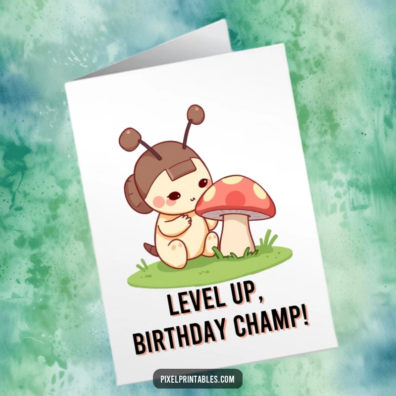 Funny Free Printable Birthday Card: A curious pixel character with blocky antennae curiously examines a glowing pixelated mushroom.