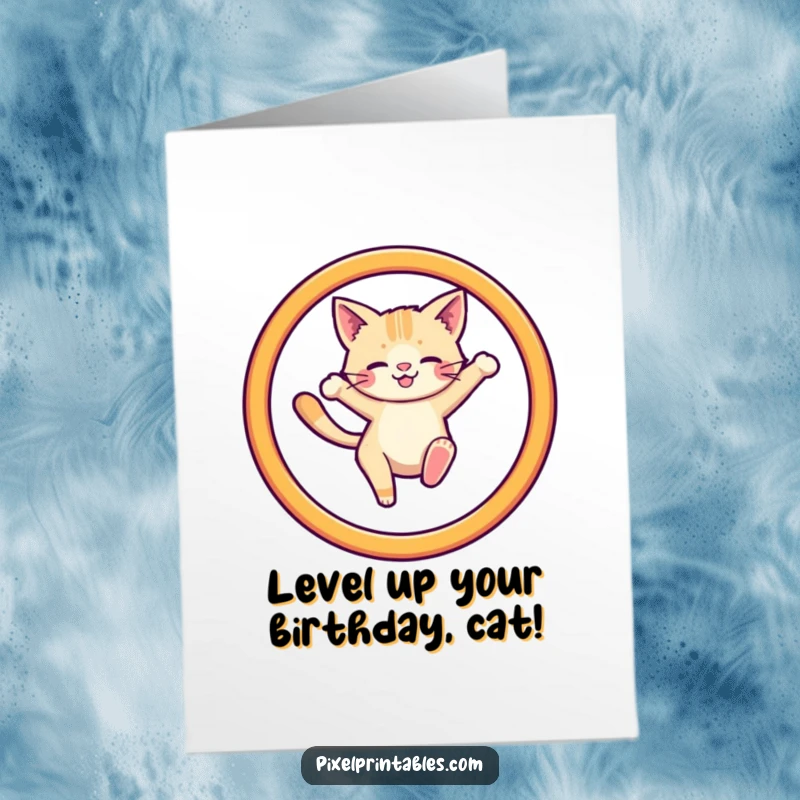 Funny Free Printable Birthday Card: A cute pixelated cat with retro flair leaping skillfully through a pixelated hoop, celebrating with digital charm.