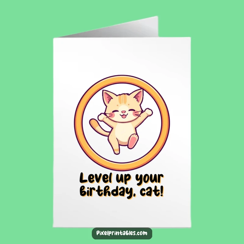 Free Printable Birthday Card: Pixel Cat Hoop Jump, Fun Downloadable Gift for Gamers!