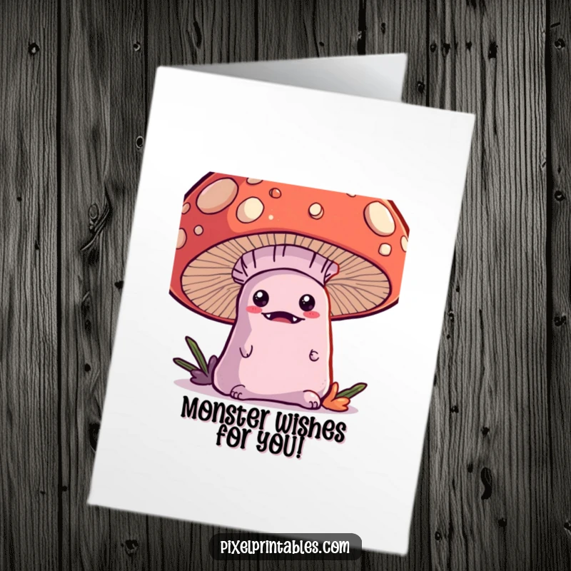 Funny Free Printable Kawaii Monster Birthday Card: Cute monster peeks from pixel mushroom, playful vibes.