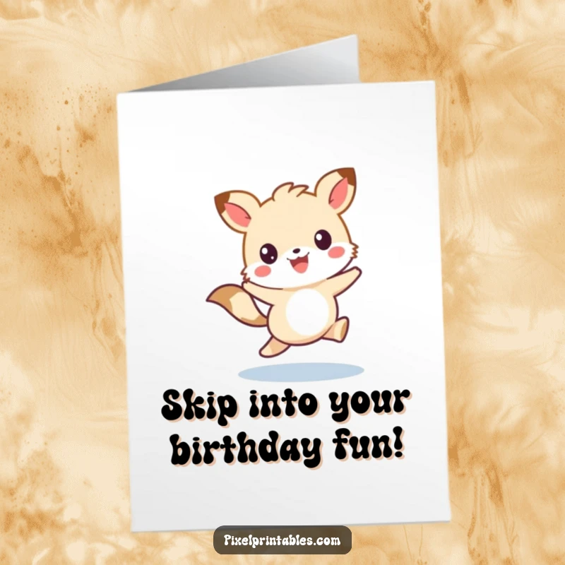 Funny Free Printable Birthday Card: A cute pixelated animal character captured mid-skip, radiating pure joy.