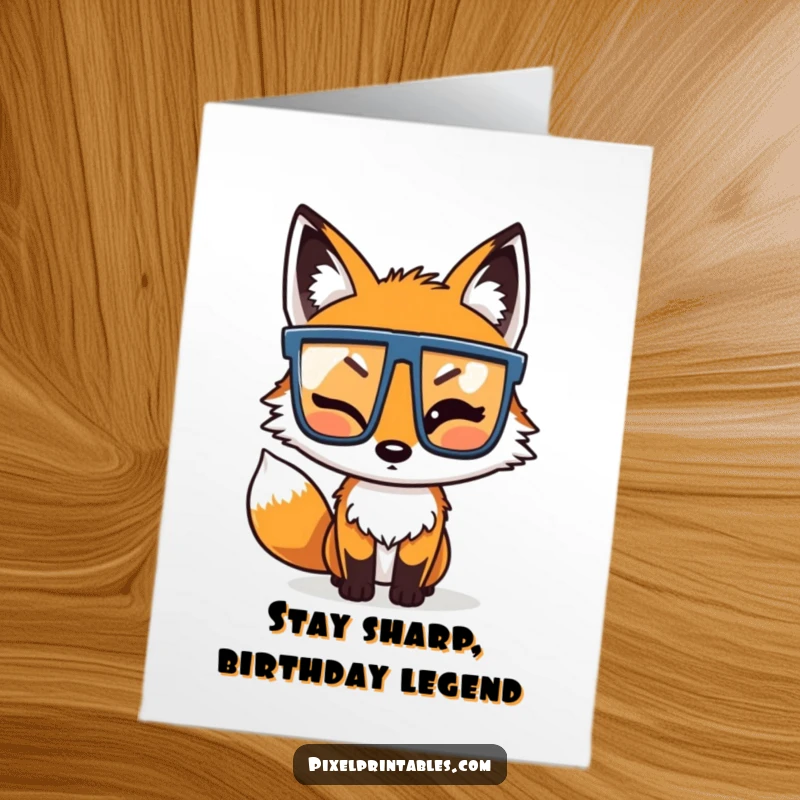 Funny Free Printable Birthday Card: Pixel fox with glasses winks, ready for a pixelated birthday celebration.