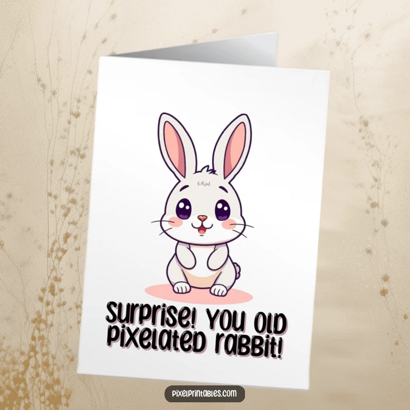 Funny Free Printable Birthday Card: A pixel rabbit peeks around corner, shocked expression, retro video game style art.