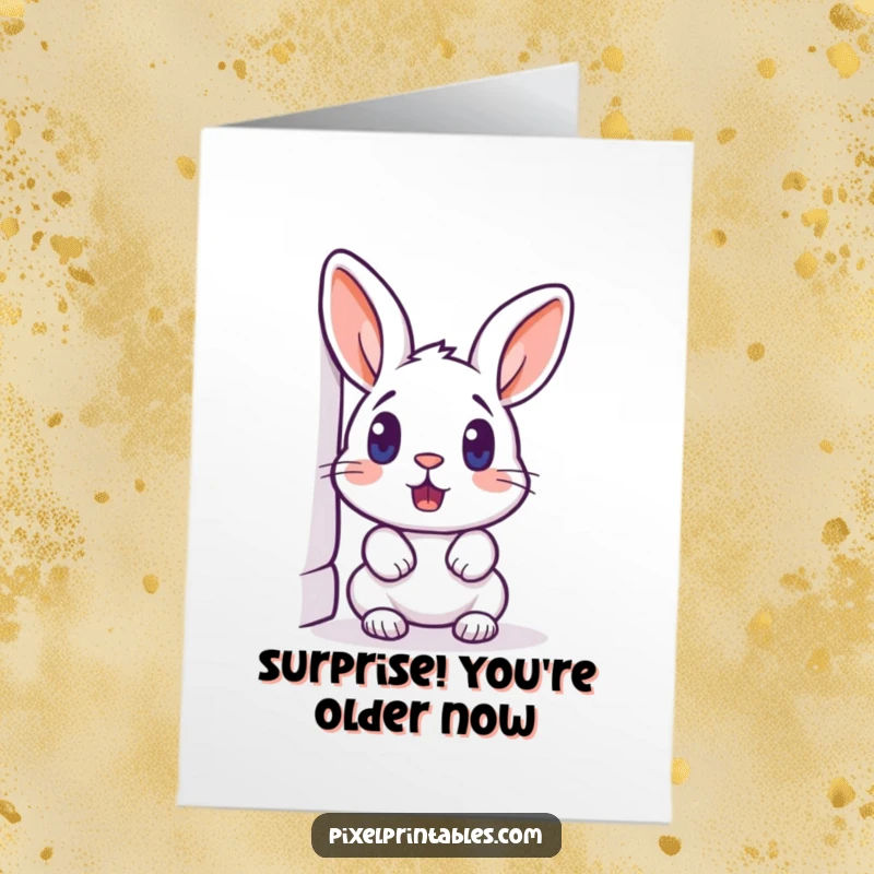 Funny Free Printable Birthday Card: Surprised pixel rabbit peeking around a pixelated corner, looking shocked and ready for fun.