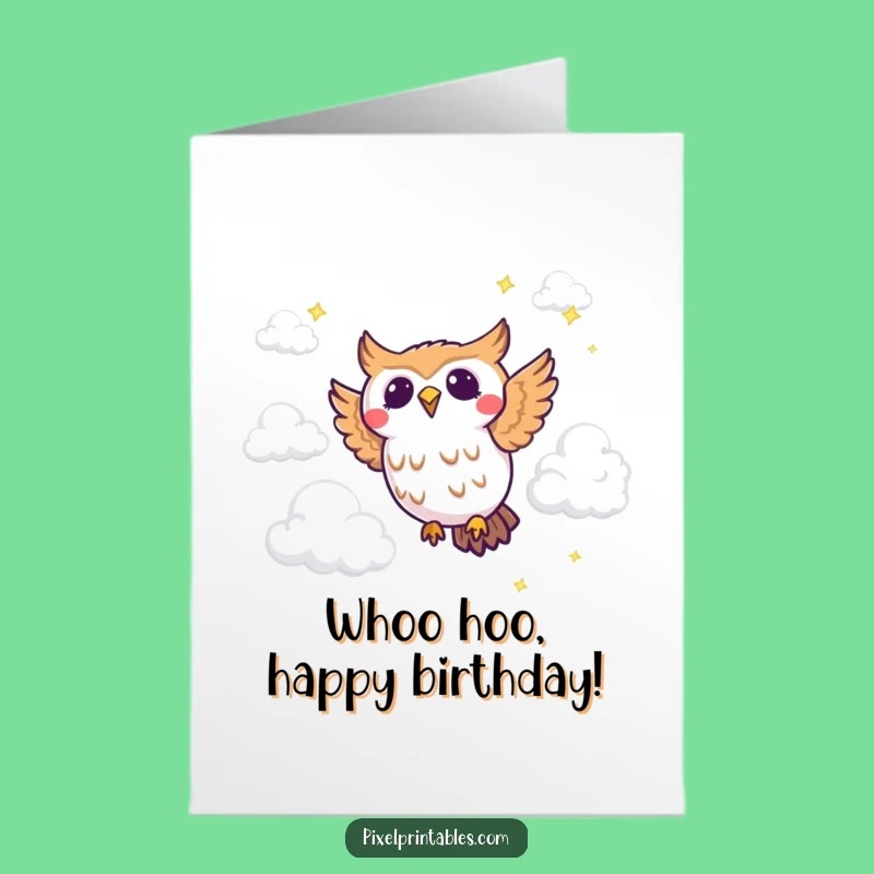 Free Printable Pixel Owl Birthday Card: Funny Flying Bird Downloadable Gift