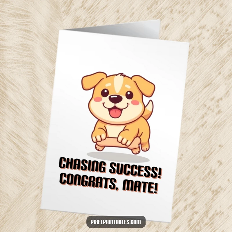 Funny Free Printable Congratulations Card: A determined pixelated dog chases a pixel bone, celebrating your victory.