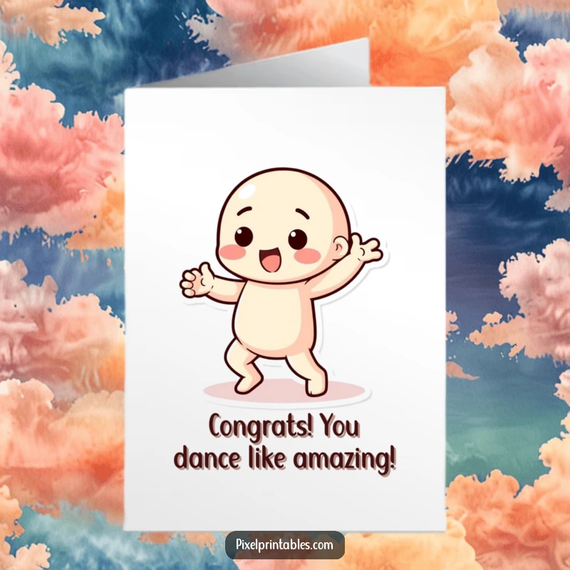 Funny Free Printable Congratulations Card: Playful character with chunky limbs performing a pixelated dance, celebrating achievements.