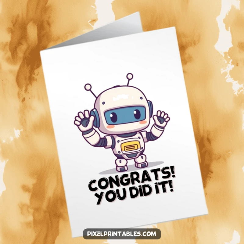 Funny Free Printable Congratulations Card: A happy pixel robot waves enthusiastically, congratulating your success.