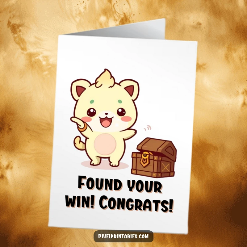 Funny Free Printable Congrats Card: A cute pixel creature enthusiastically points towards a treasure chest, celebrating a successful find.