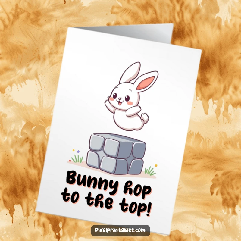 Funny Free Printable Congrats Card showing a lively bunny jumping over a pixelated block, celebrating achievement.