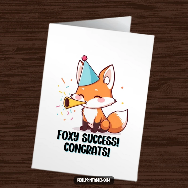 Funny Free Printable Congrats Card showing a cute fox wearing a party hat and blowing a confetti horn, celebrating achievements.