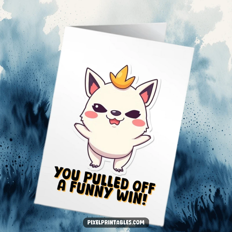 Funny Free Printable Congrats Card: A mischievous pixelated creature pulling a funny face, celebrating wins with playful silliness.