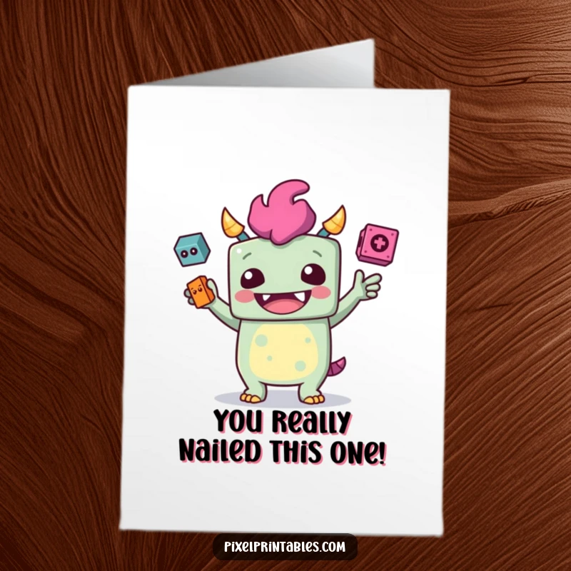 Funny Free Printable Congrats Card: A blocky monster giggling while juggling pixelated objects, celebrating a gaming success.