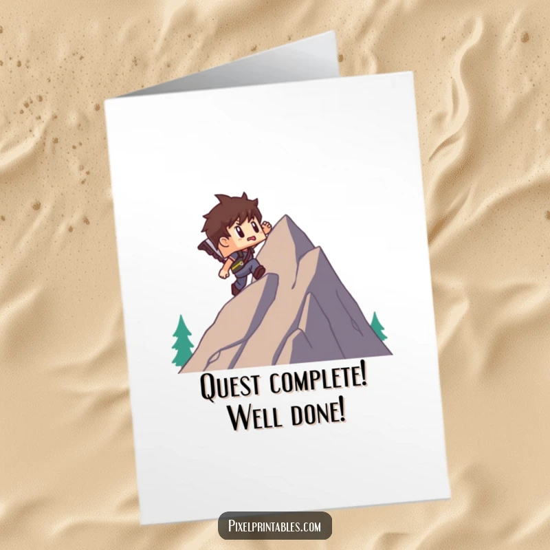 Funny Free Printable Congratulations Card: Pixel adventurer reaches the mountain peak, celebrating a major achievement gift.