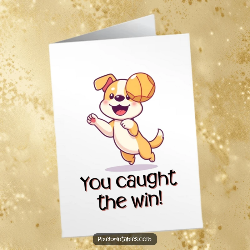 Funny Free Printable Congratulations Card: A happy pixelated dog in mid-air, skillfully catching a pixelated ball, celebrating a successful feat.