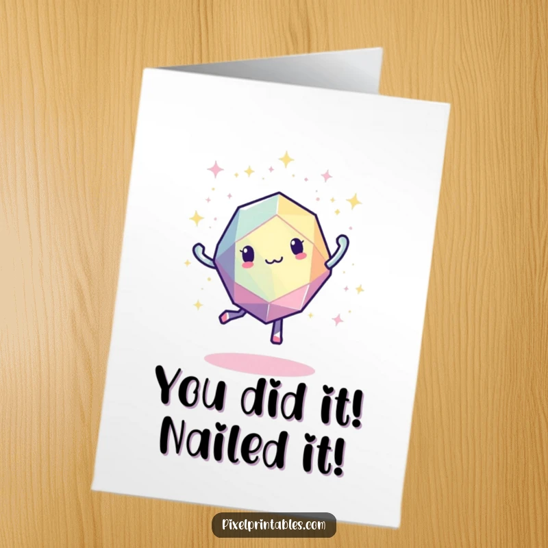 Funny Free Printable Congratulations Card showcasing a dazzling pixelated geometric figure in a celebratory dance, surrounded by digital sparkles.