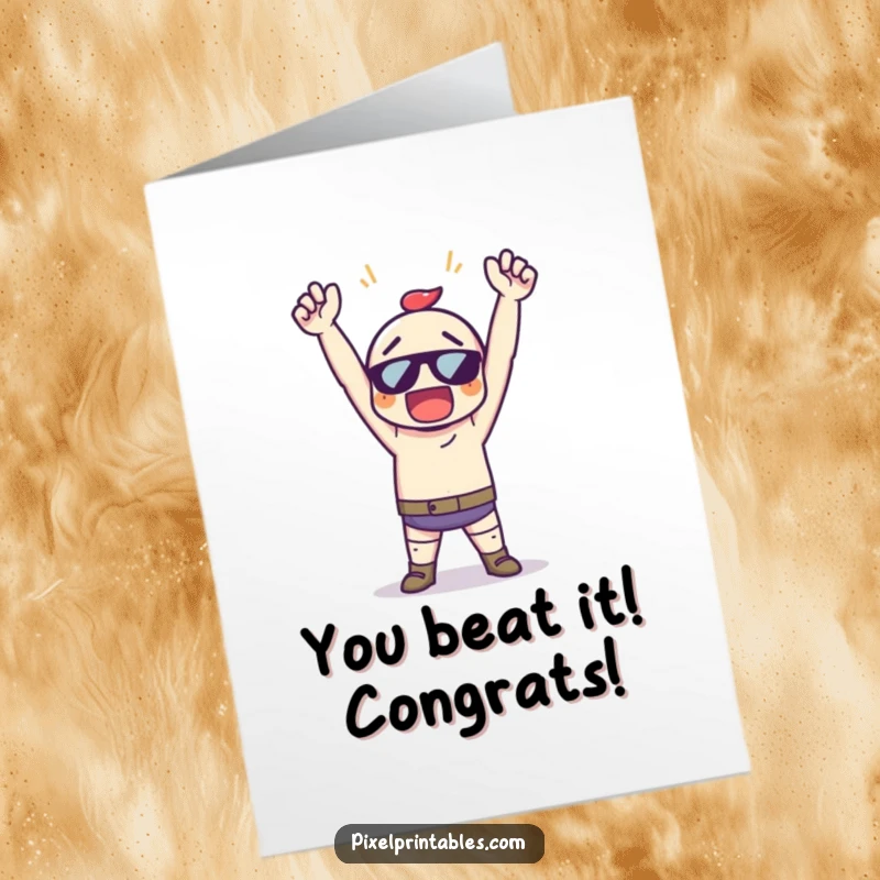 Funny Free Printable Congrats Card: A pixel art character with raised arms celebrates a triumphant victory pose, perfect for achievements.