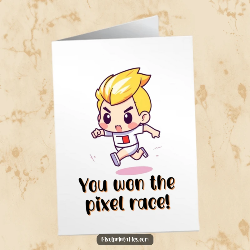Funny Free Printable Congrats Card: A determined pixel character victoriously crosses the finish line in a pixelated race.