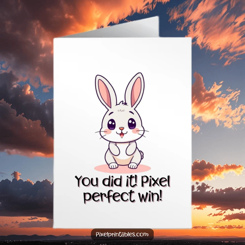 Funny Free Printable Congrats Card: A pixel rabbit looks utterly surprised, peeking around a corner, retro game style.