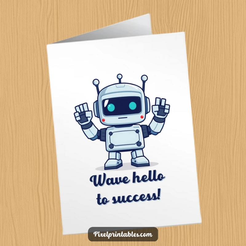 Funny Free Printable Congratulations Card: A pixelated robot waving energetically with its signature square hands.