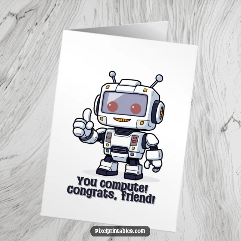 Funny Free Printable Congratulations Card: A blocky robot with friendly pixels offering a big, enthusiastic thumbs up.