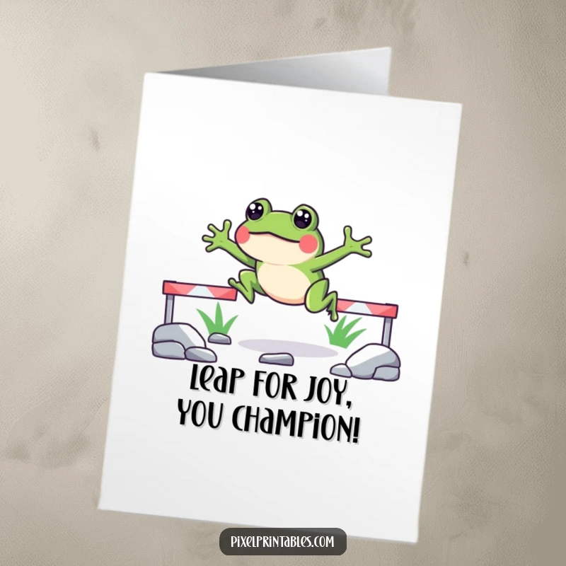 Funny Free Printable Congratulations Card: Pixelated frog triumphantly clears an obstacle, celebrating your achievement with zest.