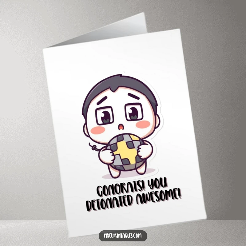 Funny Free Printable Congratulations Card: A surprised character with wide square eyes holding a pixelated bomb, celebrating news.