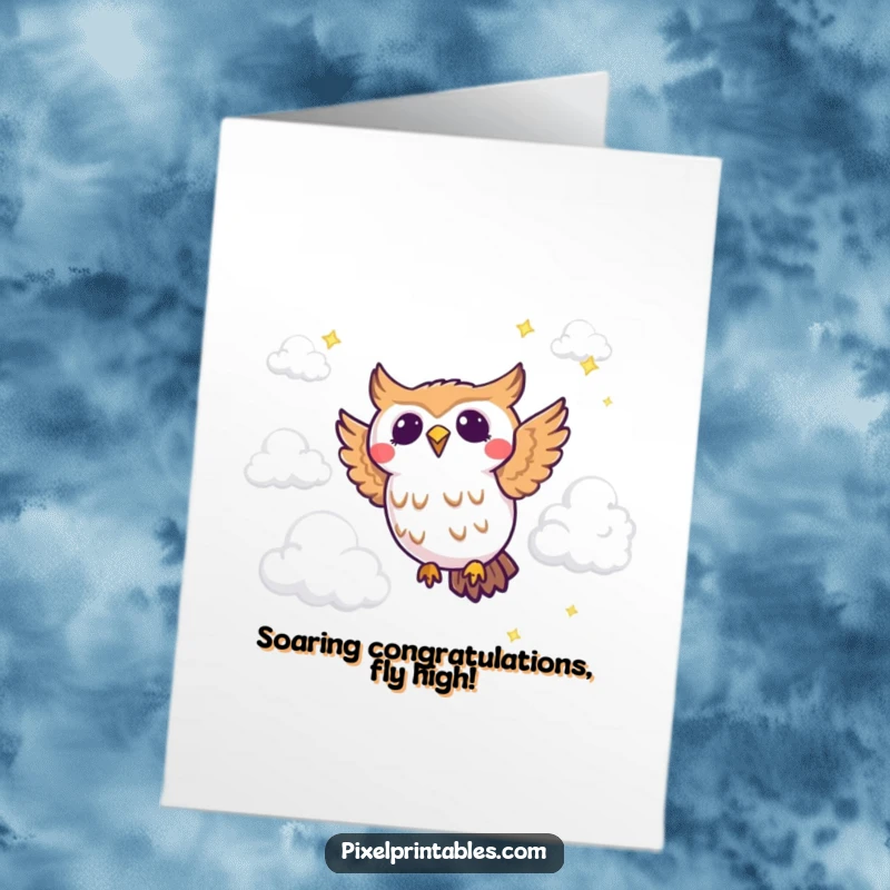 Funny Free Printable congratulations card: A joyous pixelated owl soaring through animated pixel clouds with excitement.