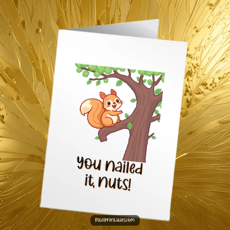 Funny Free Printable Congratulations Card: A cheerful pixelated squirrel climbs a pixel tree, celebrating your success.