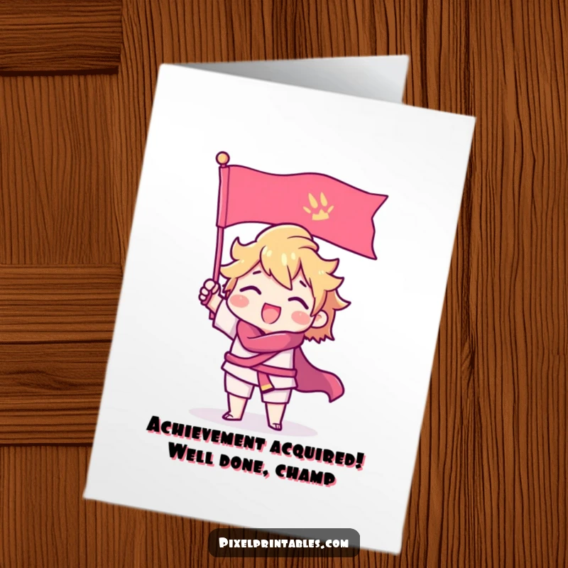 Funny Free Printable Pixel Victory Card, a pixelated warrior holds a flag high in celebration of an awesome achievement.