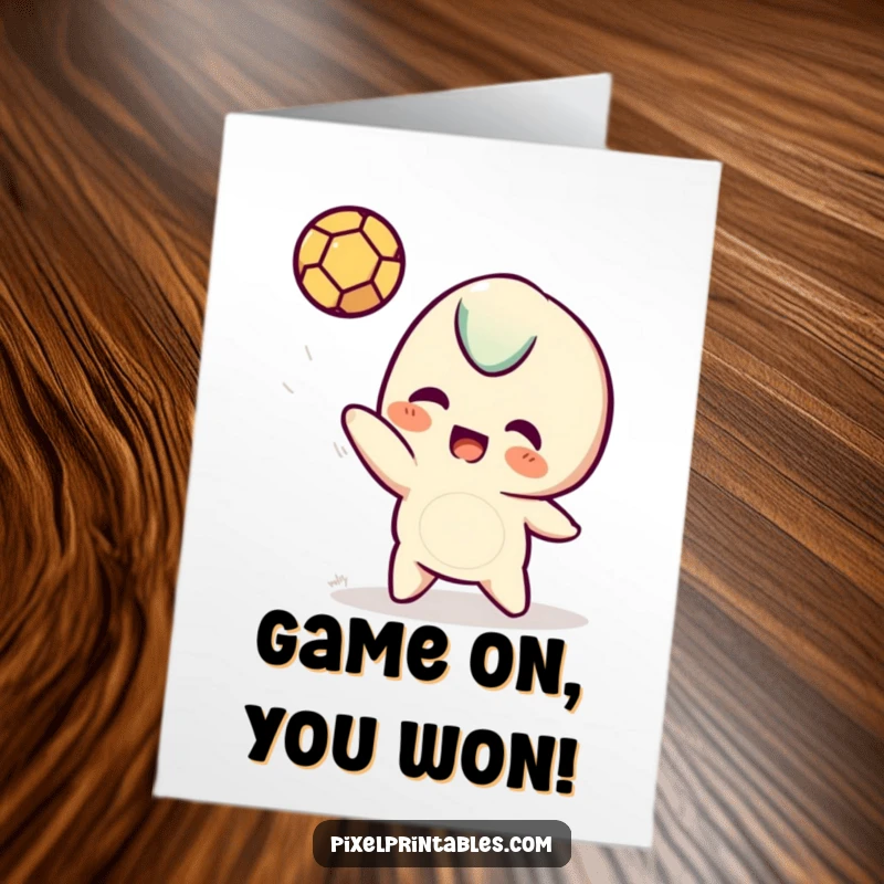 Funny Free Printable congratulations card: A playful pixel character mid-toss with a pixelated ball, celebrating a win.