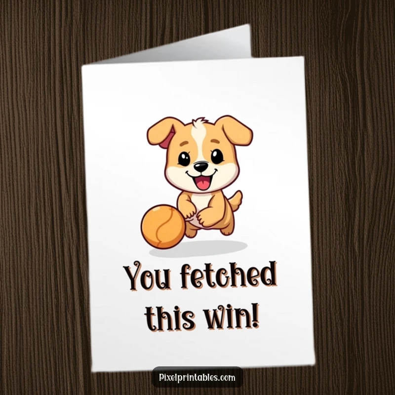 Funny Free Printable Congratulations Card: A cheerful pixelated dog character enthusiastically chasing a bouncing ball, celebrating success.